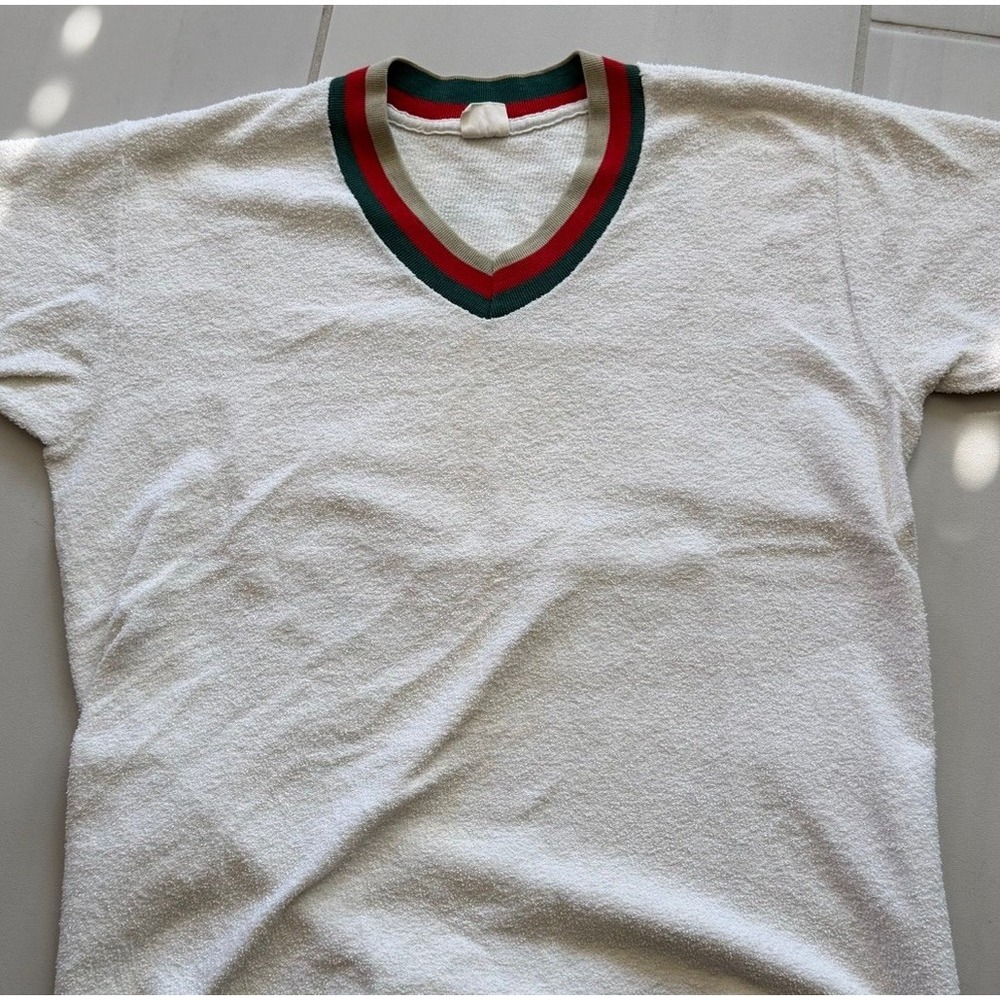 Vntg 70s Terry Cloth V-Neck Shirt Retro Athletic Stripe Tee M 38-40 USA Cotton - Picture 1 of 8